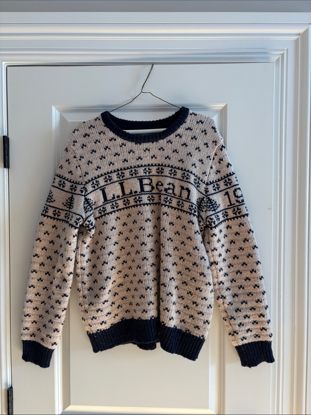 L.L. Bean Cream & Navy Fair Isle Crewneck Sweater